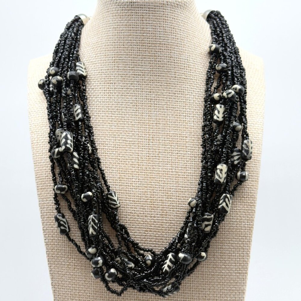 Vintage Multi-Strand Black Seed Beaded Necklace With Tribal Patterned Beads